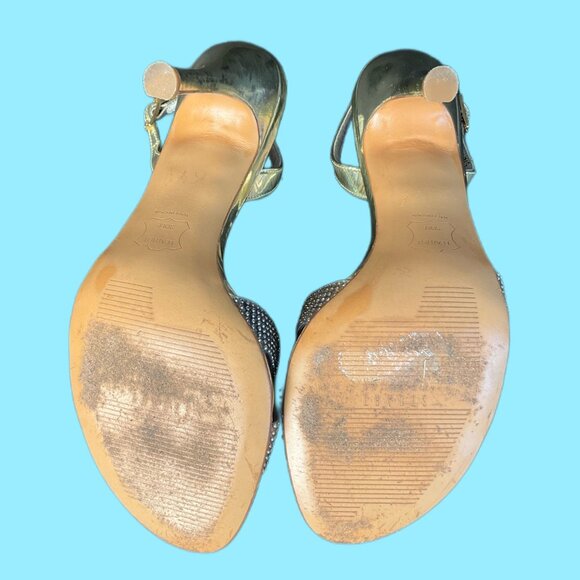 Stuart Weitzman Women's Rhinestone Embellished Gold Heeled Sandals - Picture 4 of 4